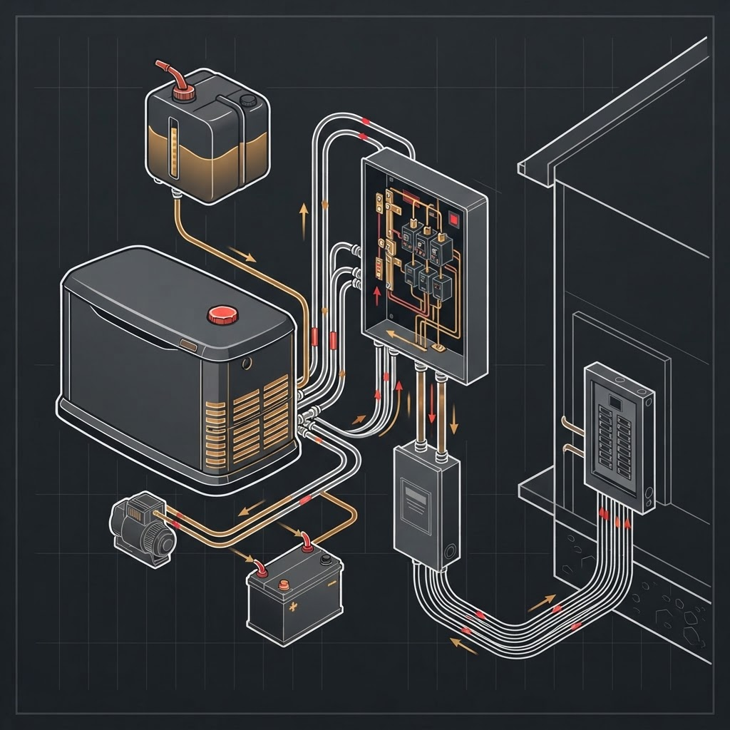 Exploded technical illustration of standby generator system components